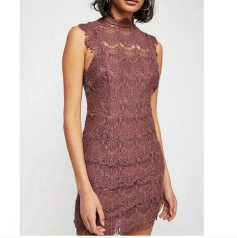 Free People Lace Mini Dress in Mauve